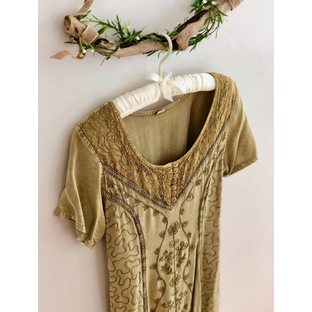 Vintage Olive Embroidered Back Tie Dress